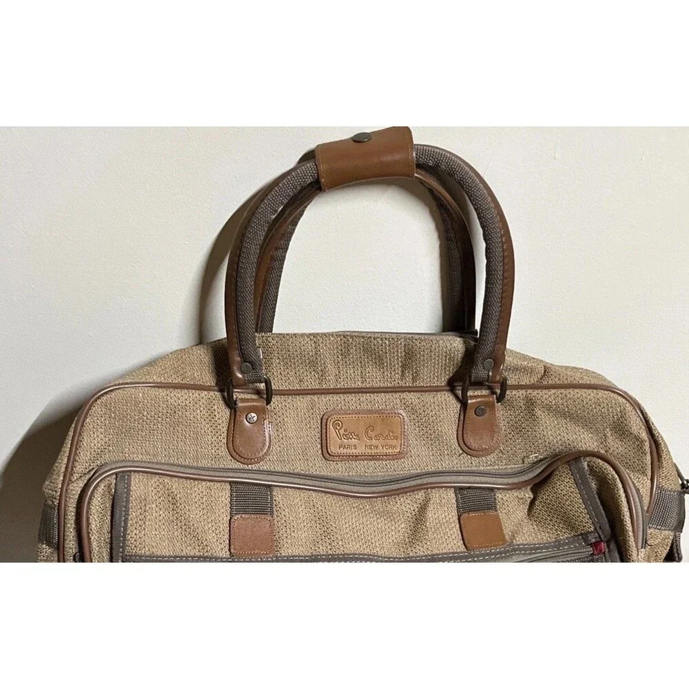 Iconic Pierre Cardin Travel Gym Bag 4 zip Suitcase Brown Tweed Luggage Tag